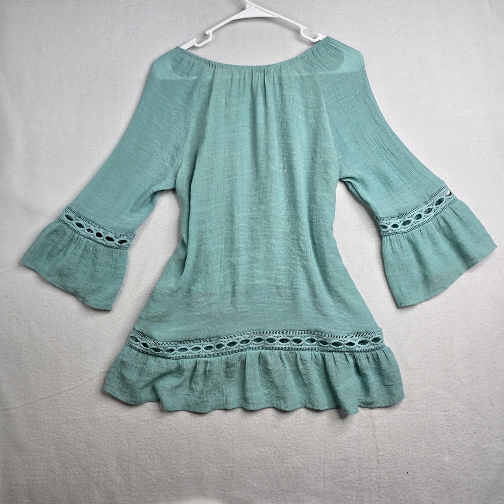NEW DIRECTIONS Teal Crinkle Gauze Boho Tiered Ruffle Dress Crochet Trim Size L - Picture 2 of 7